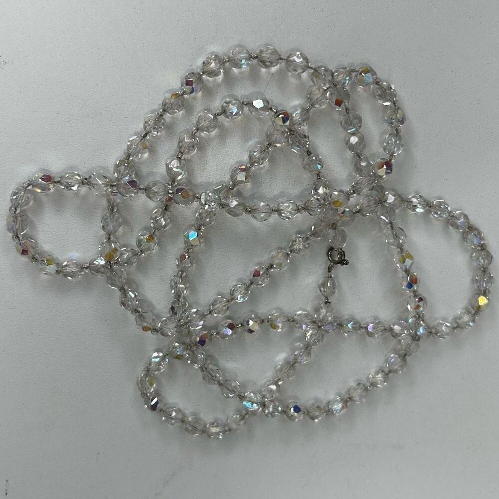 Vtg AB Aurora Borealis Beaded Necklace 48" Clear Single Strand Faceted Beads - Picture 6 of 8